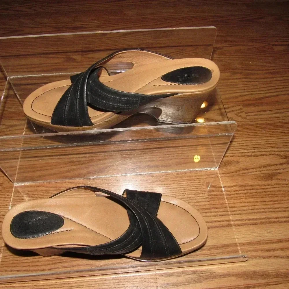 DANSKO Neeci Black Leather Slide Wood Wedges Sz 42